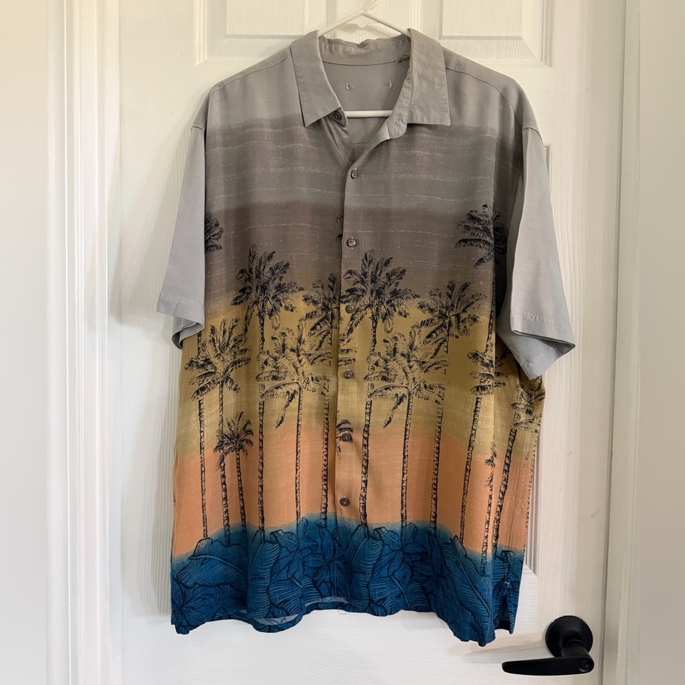 Men's Casual Palm-Print Button Down Shirt - Gray/Beige/Blue